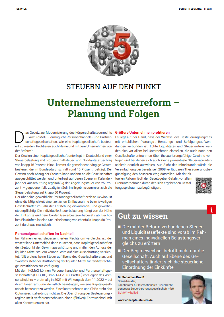 Magazin 04 2021 Unternehmenssteuerreform Planung und Folgen